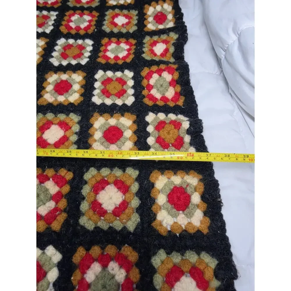 VTG Multicolor Wool Crochet Granny Square Roseanne FairIsle Quilt Blanket 50x40”
